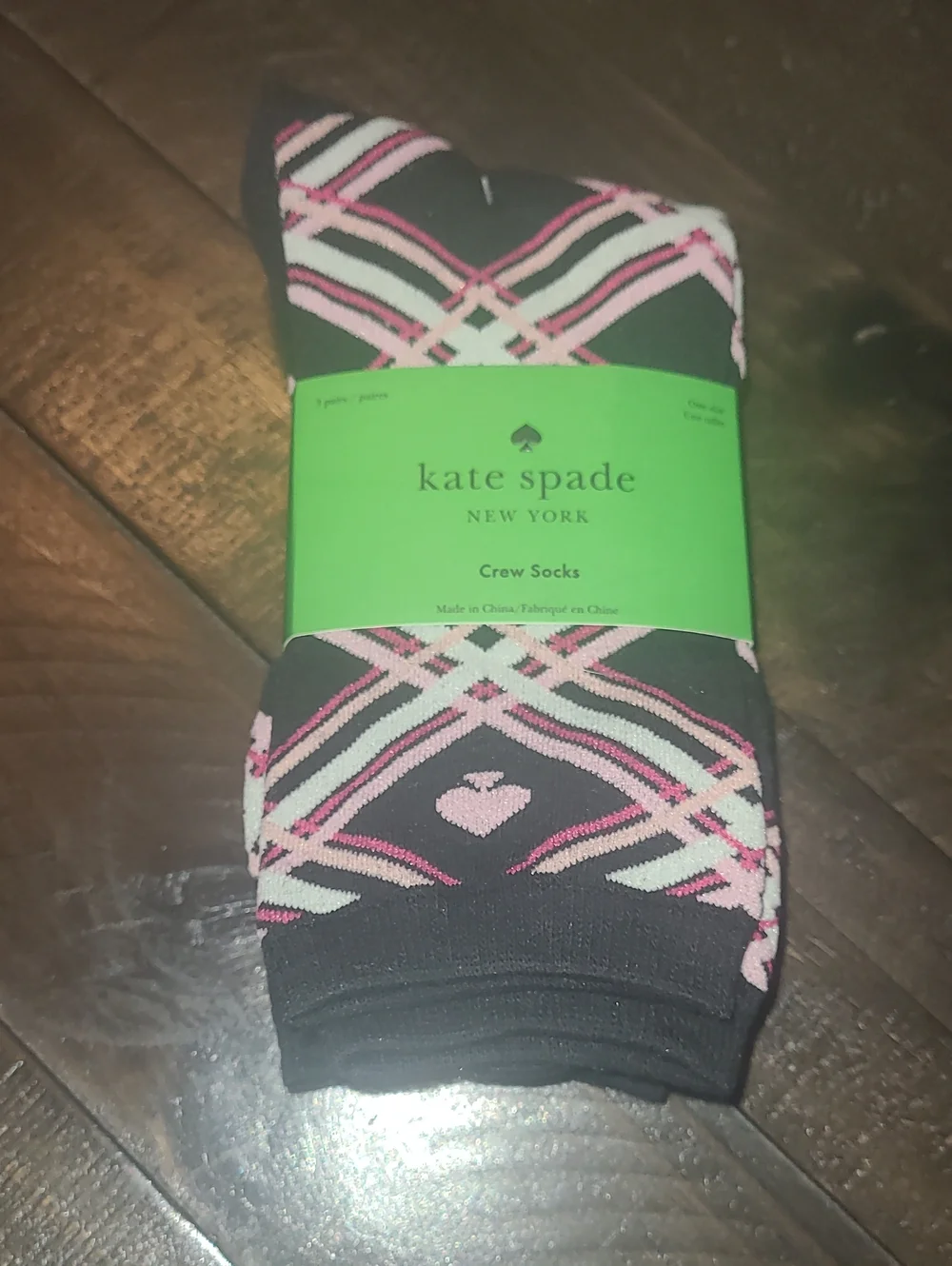 kate spade Black Crew Socks with Pink & White Geometric Pattern